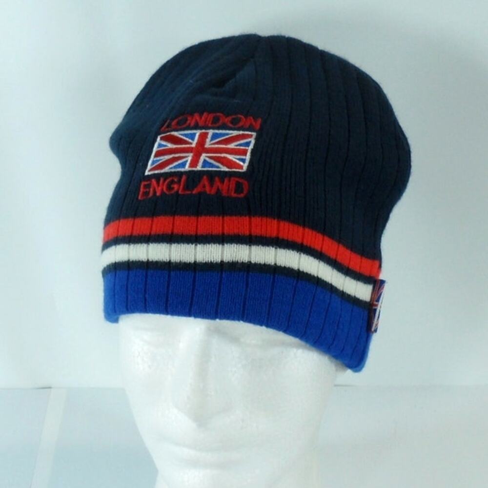 London England Flag Embroidered Knit Winter Beanie Cap Hat Blue